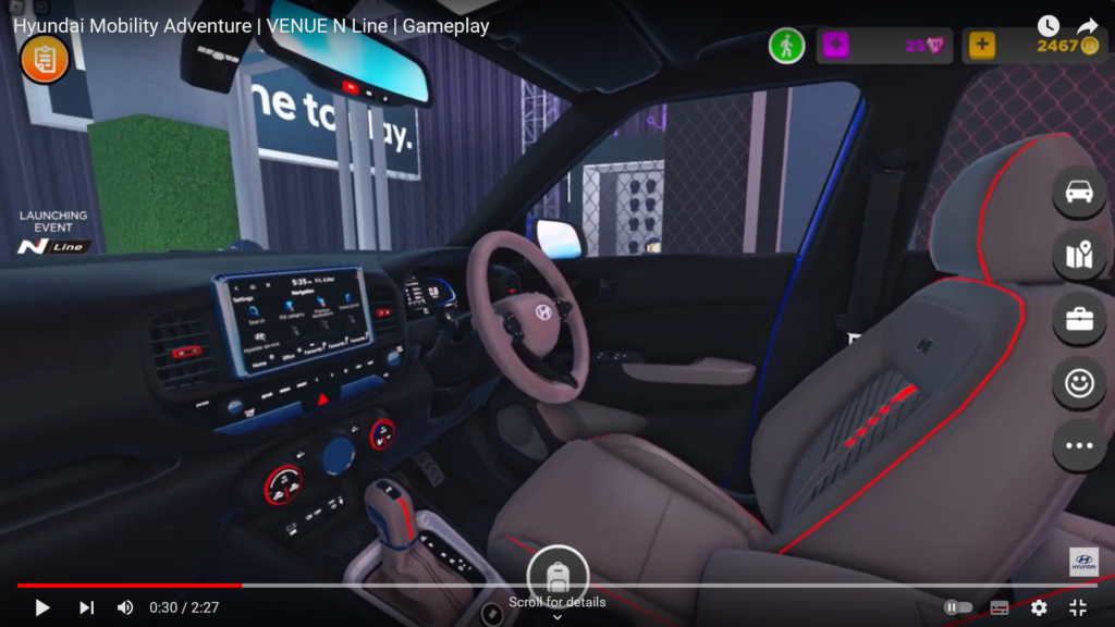 Screenshot of Hyundai Mobility Adventure showing Interiors of Venue N Line