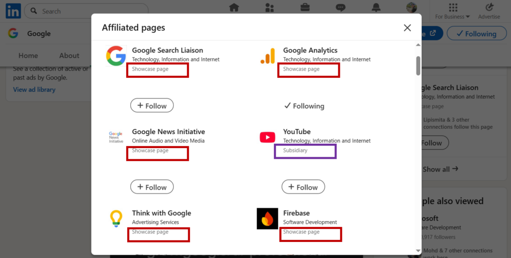 LinkedIn Showcase Pages and Subsidiary page 