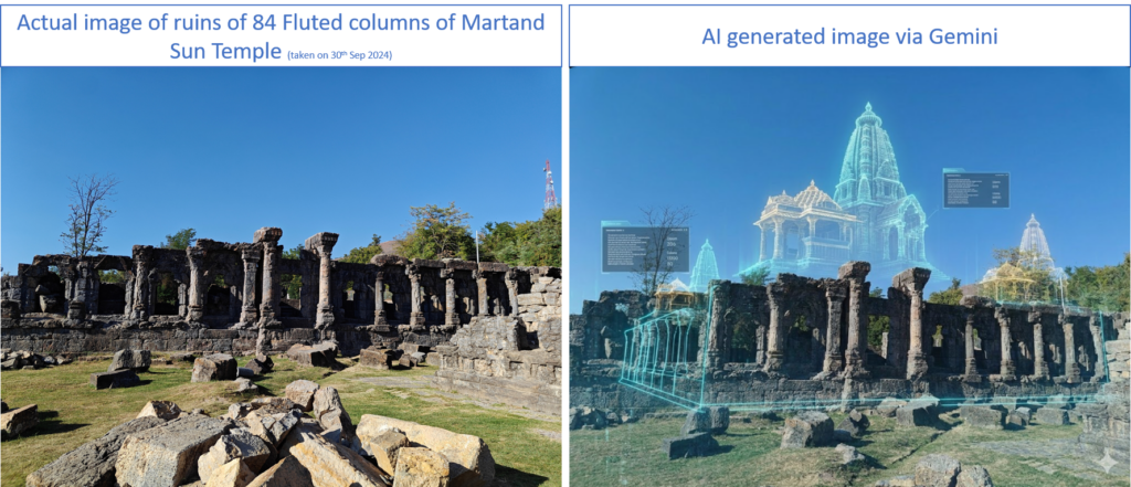 Gemini AI generated image of 84 fluted columns of Martand Sun Temple