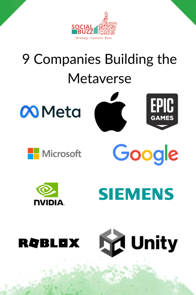 9 companies building the metaverse
Meta, Apple, Epic Games, Roblox, Microsoft, Google, Nvidia, Siemens, Roblox, Unity Games- graphic by Ambuj Saxena Social Buzz