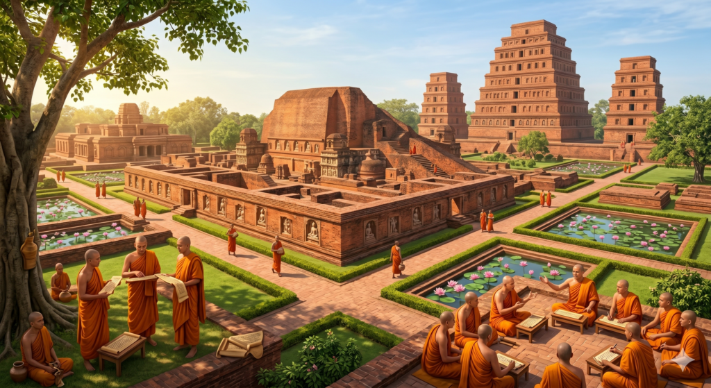 7th century Nalanda university in pristine form as imagined via Gemini Nano Banana